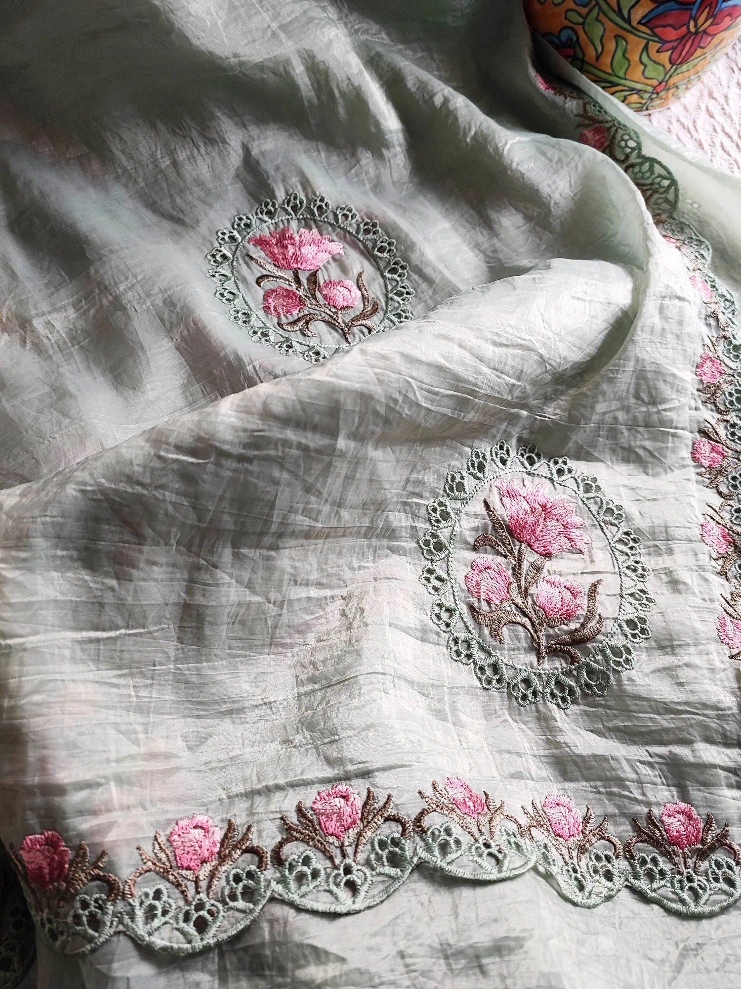 Light Gray Crushed Organza Tissue Silk Saree With Cut Work & Embroidery