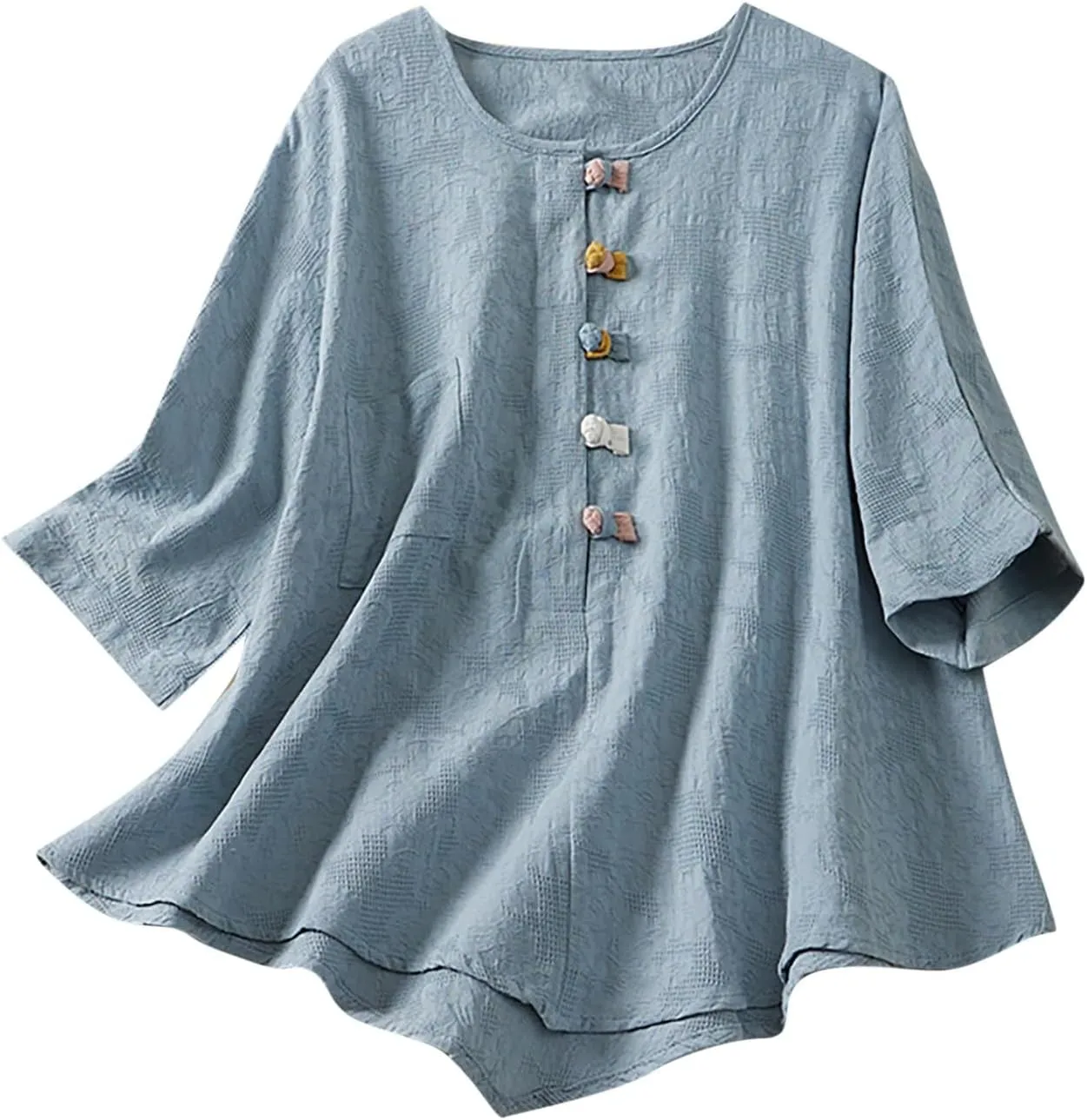 Linen Shirt Women Summer Flowy Elbow Sleeve Shirts Cute Vintage Embroidered Top Button Short Henley Tee Dressy Blouse