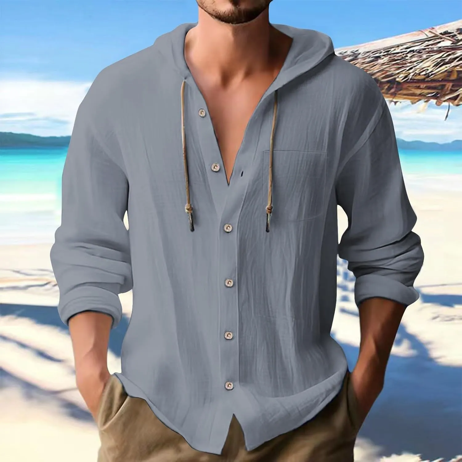 Mens Button Down Linen Hooded Roll-Up Sleeve Tops Summer Casual Hippie Tees Breathable Hawaiian Beach Yoga Shirts