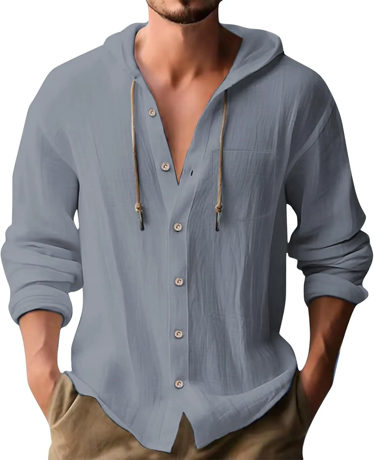 Mens Button Down Linen Hooded Roll-Up Sleeve Tops Summer Casual Hippie Tees Breathable Hawaiian Beach Yoga Shirts