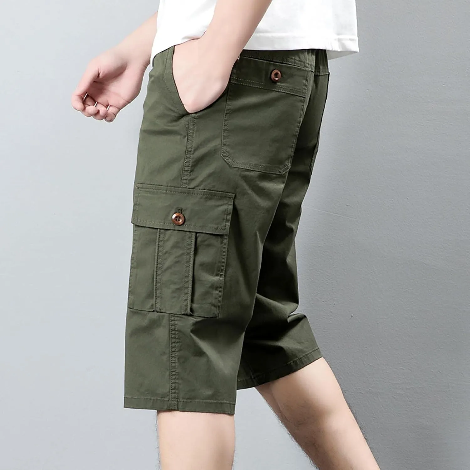 Mens Shorts Elastic Waist Cargo Shorts Cotton Work Shorts Multi Pocket Casual Comfort Flex Waistband Shorts