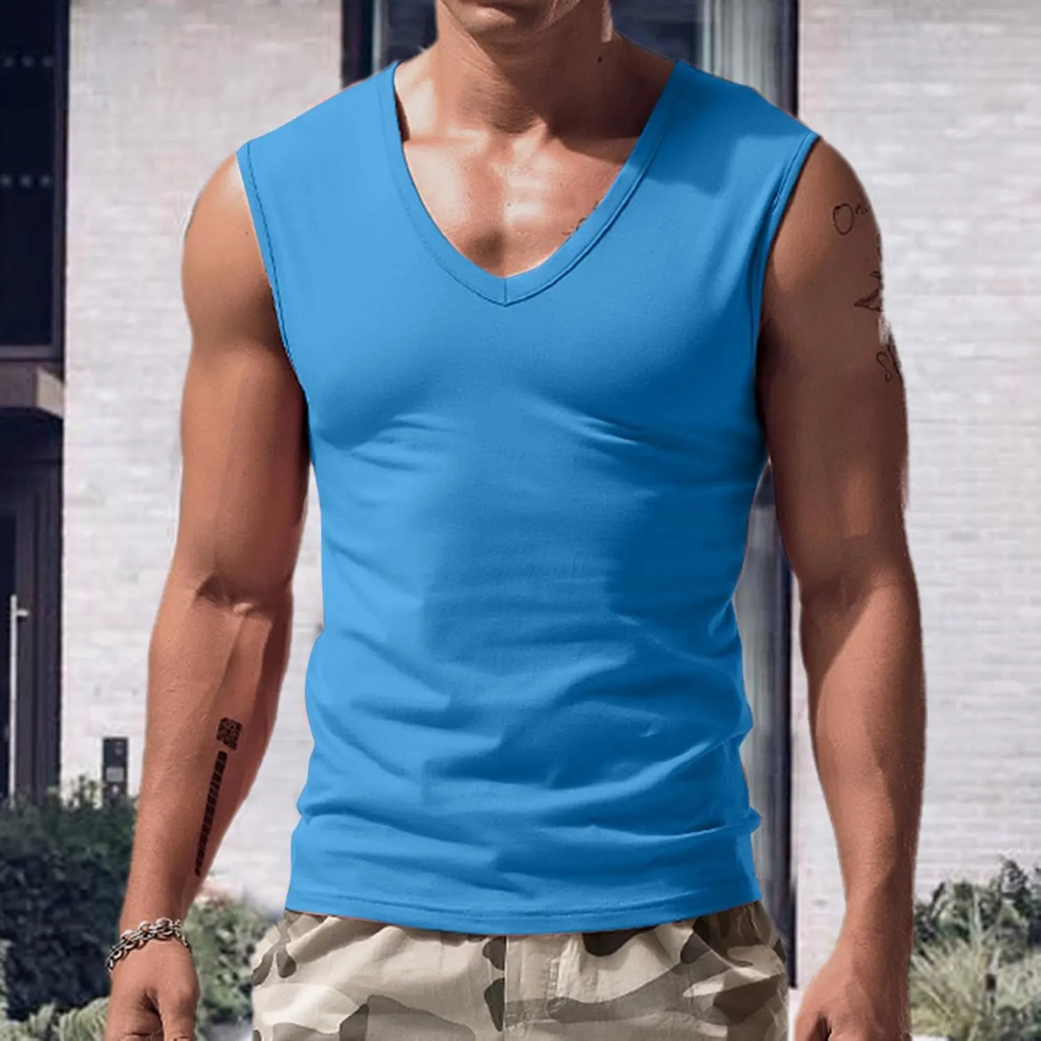 Men's Tank Top Summer Cool Traceless Thin Breathable Color V-Neck Sleeveless Top Workout Shirts Athletic Undershirt