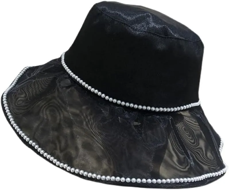 Mesh Sheer Bucket Hat Wide Brim Packable Sun Hat with Beads Fisherman Hats for Women Girls