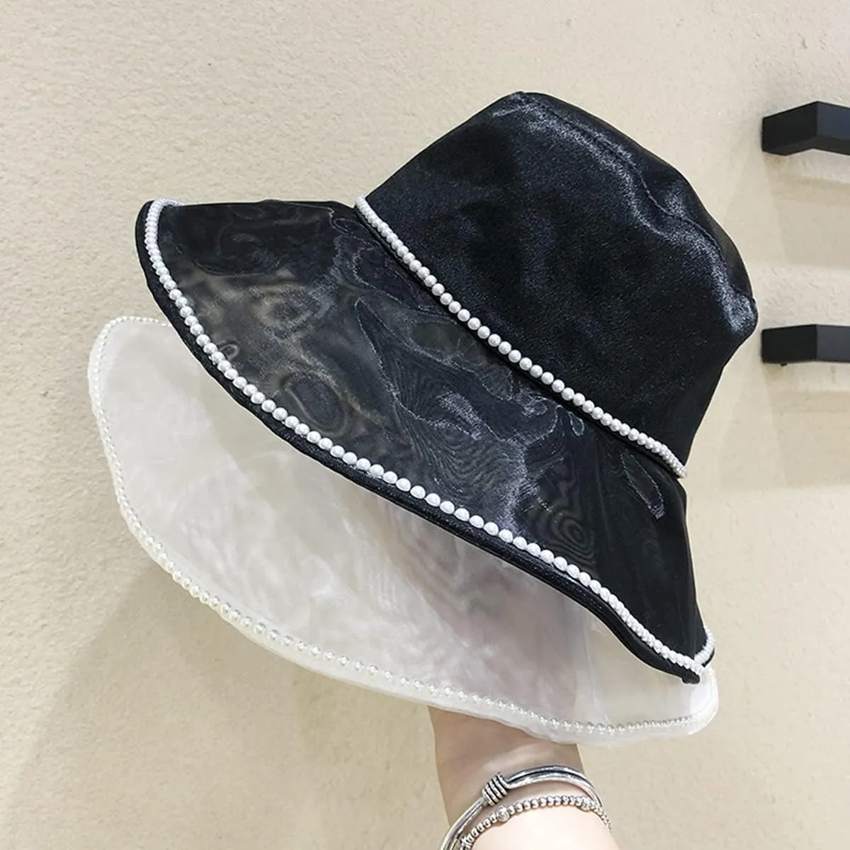 Mesh Sheer Bucket Hat Wide Brim Packable Sun Hat with Beads Fisherman Hats for Women Girls