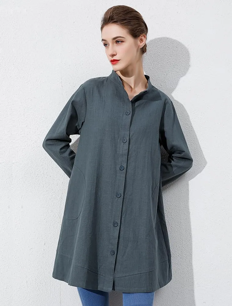 Minibee Women's Oversized Button Down Shirts Long Sleeve Cotton Linen Light Blouse Jacket With Pockets