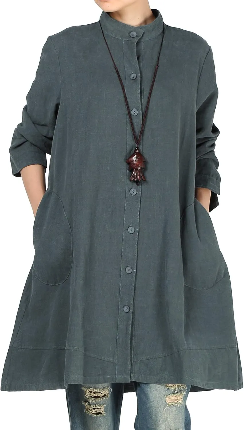 Minibee Women's Oversized Button Down Shirts Long Sleeve Cotton Linen Light Blouse Jacket With Pockets