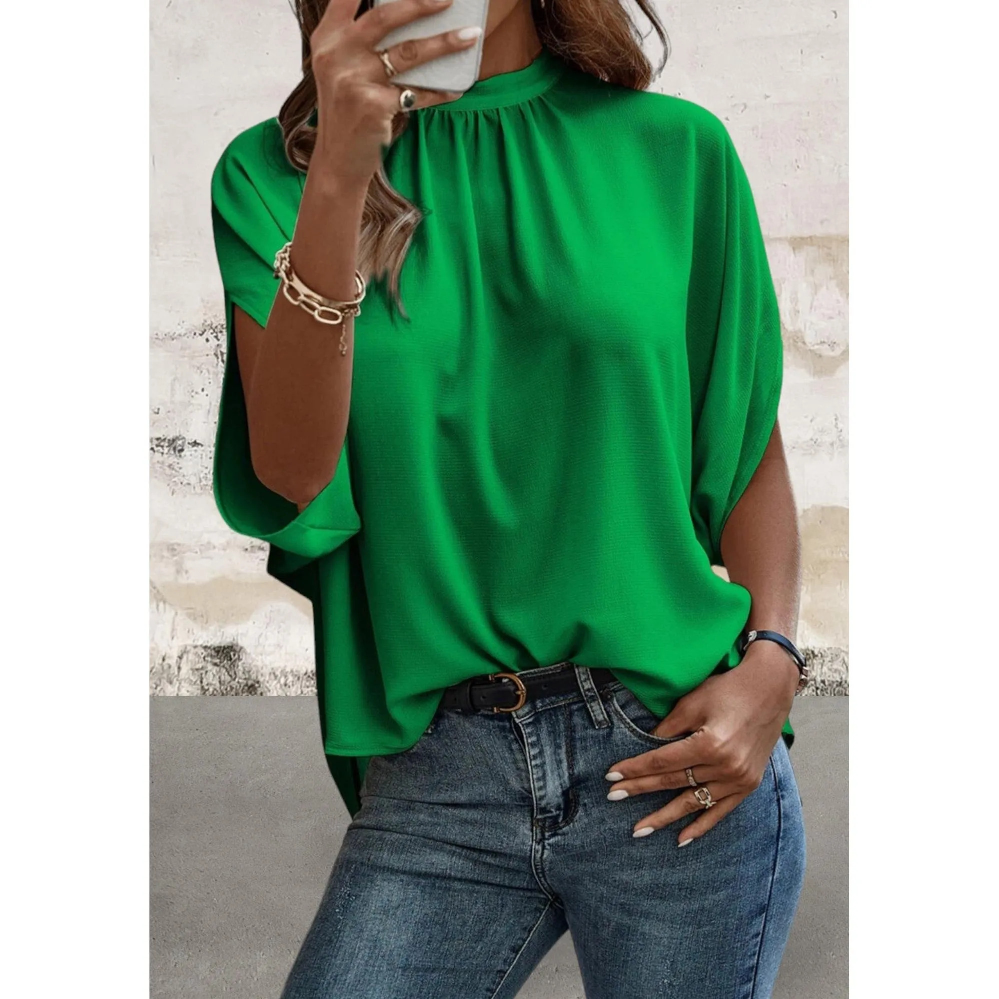 Mock Neck Split Batwing Sleeve Top