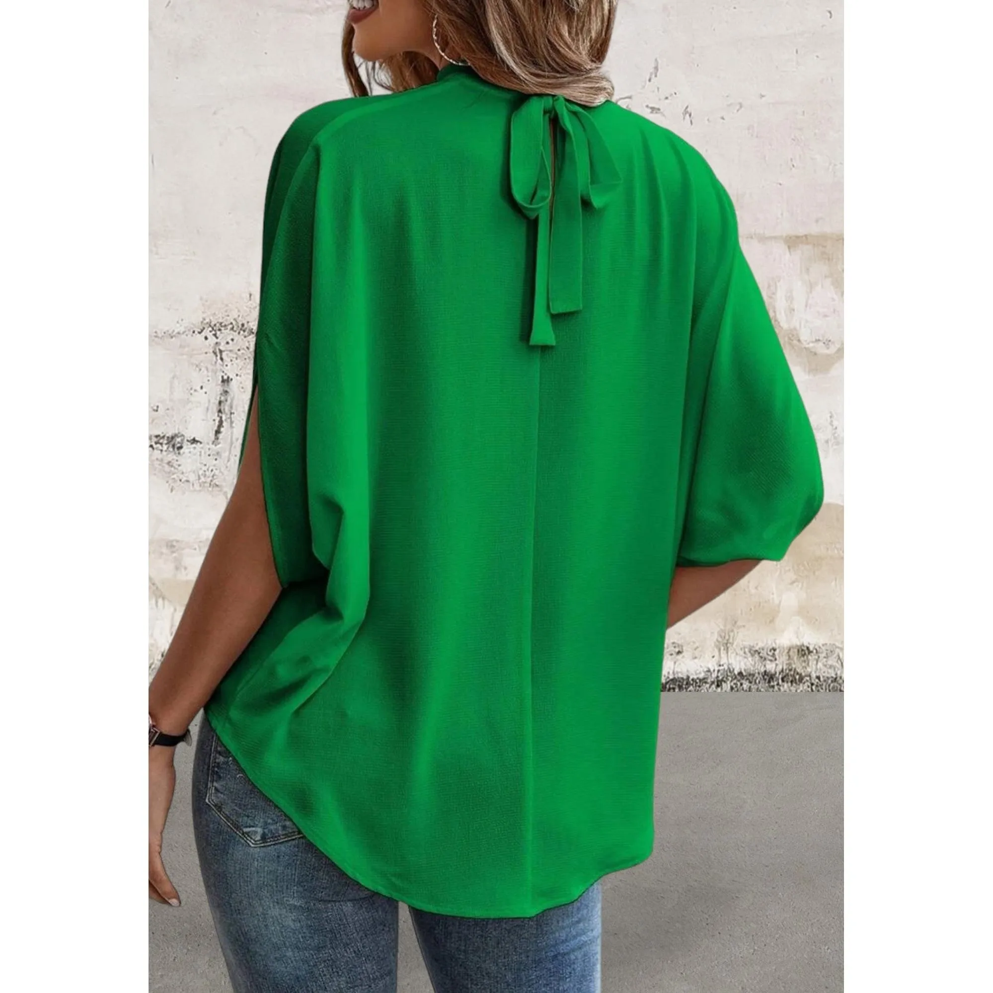 Mock Neck Split Batwing Sleeve Top