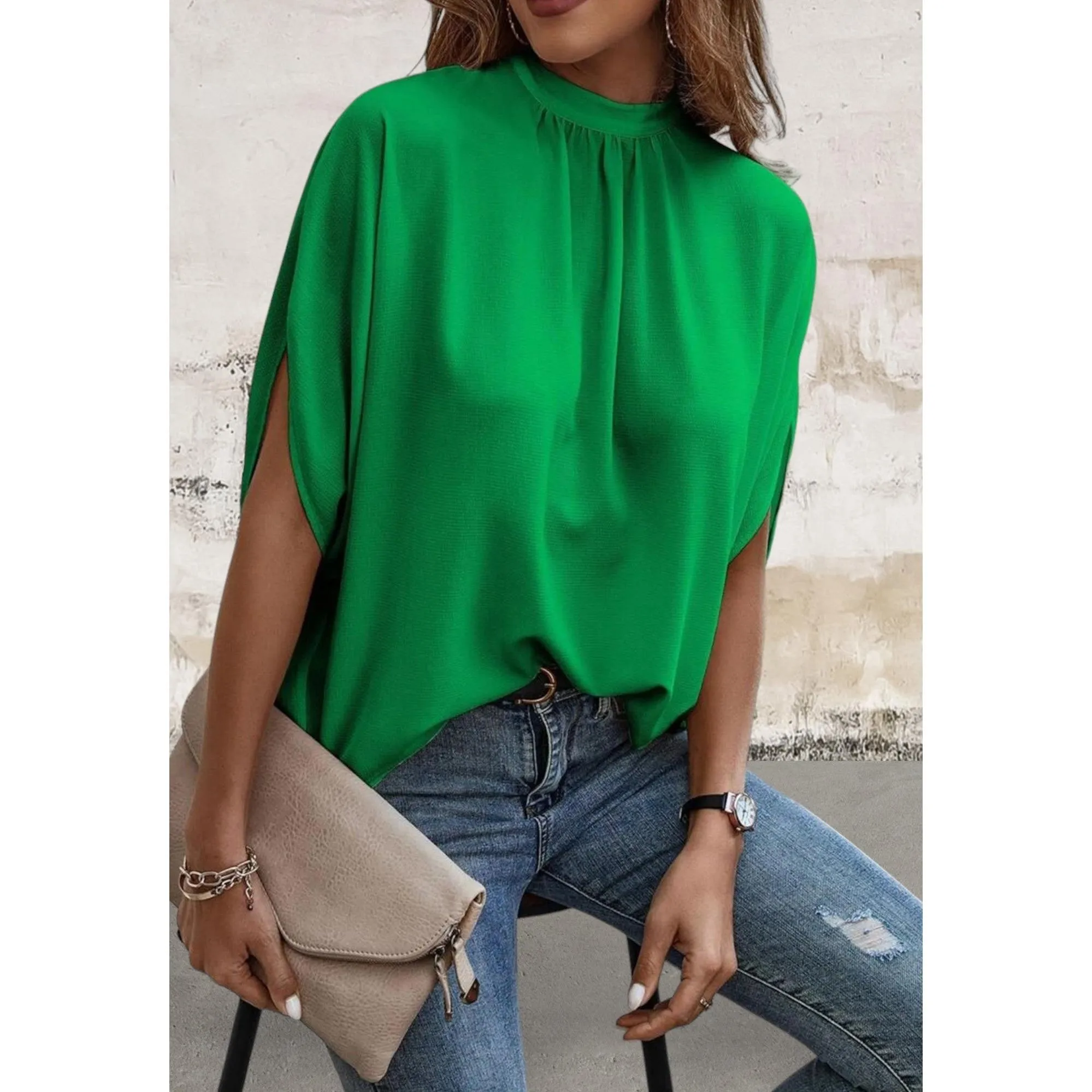 Mock Neck Split Batwing Sleeve Top