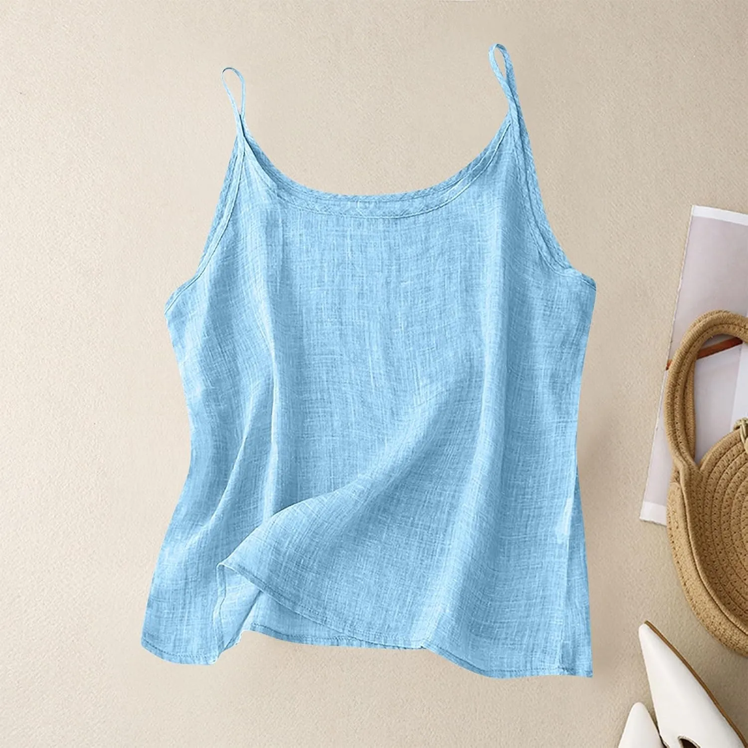 Oplxuo Womens Linen Tank Top Sleeveless Spaghetti Strap Camisole Tops Casual Solid Color Tee Shirts Summer Flowy Tank Top