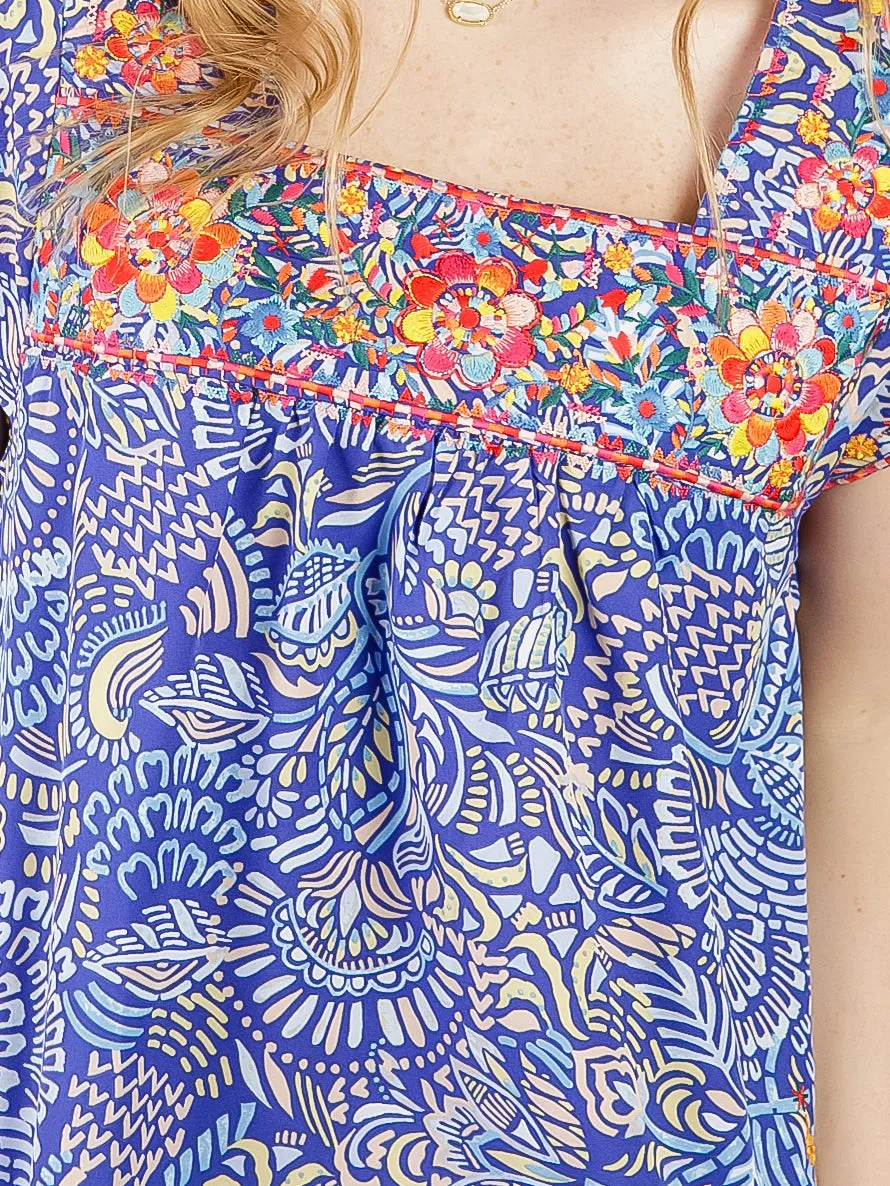 Royal Blue Print Blouse with Embroidery