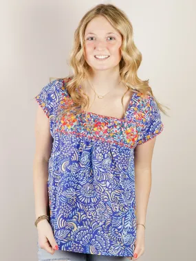 Royal Blue Print Blouse with Embroidery