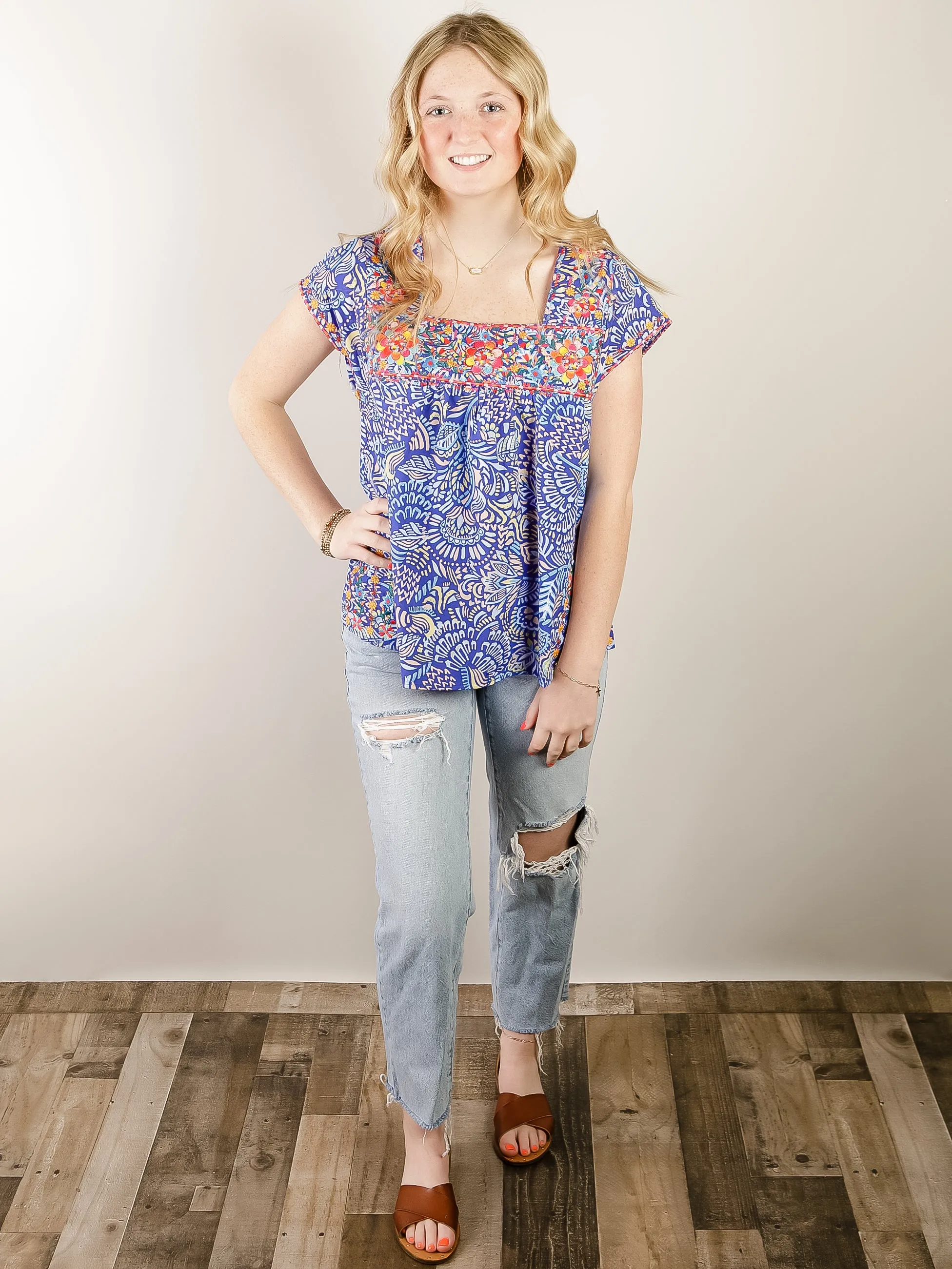 Royal Blue Print Blouse with Embroidery