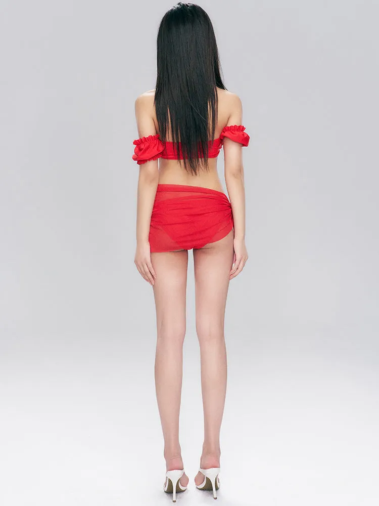 Ruffled Off-Shoulder Bikini Set with Sheer Sarong Wrap