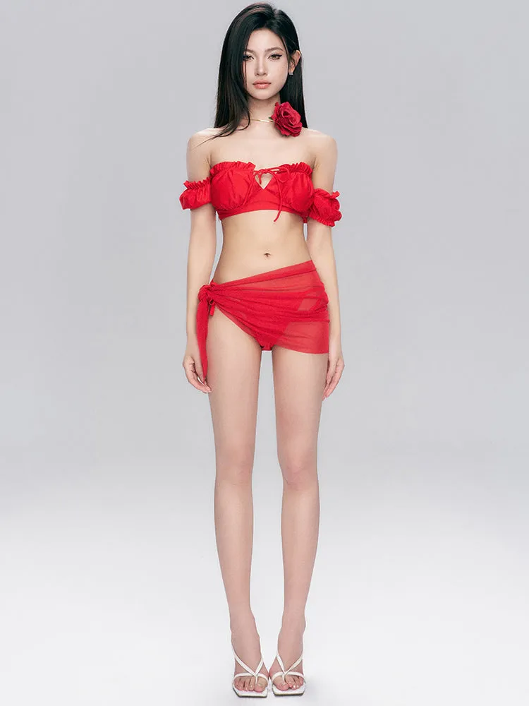 Ruffled Off-Shoulder Bikini Set with Sheer Sarong Wrap