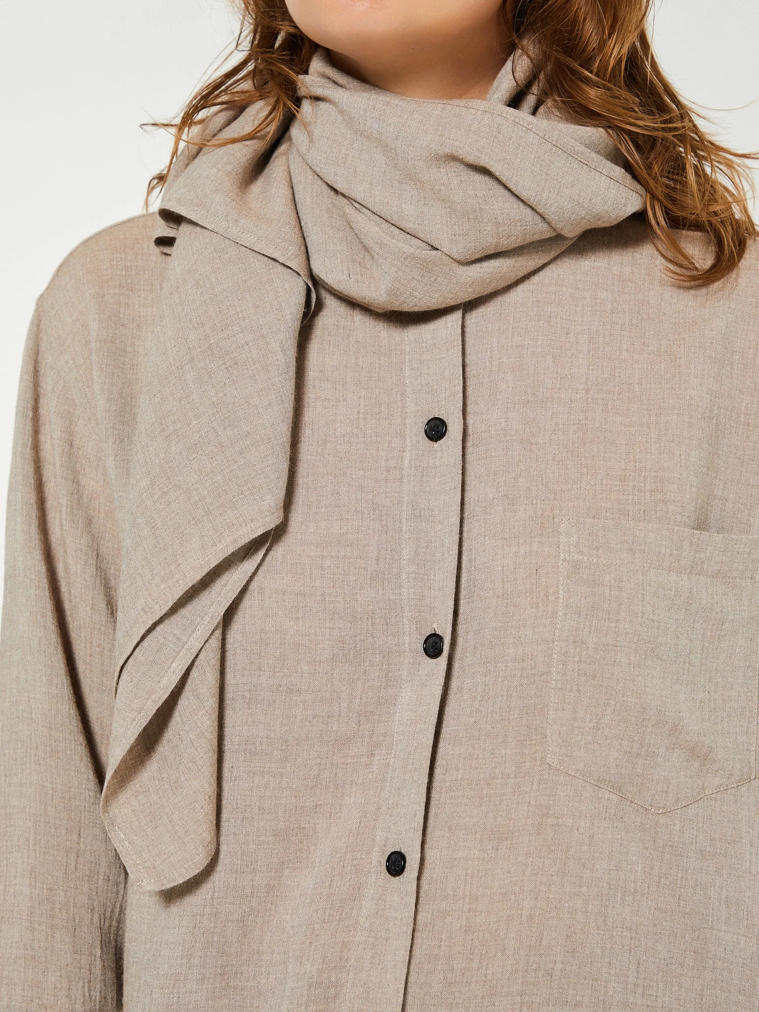 Scarf-Collar Fluid Shirt in Light Brown Mélange
