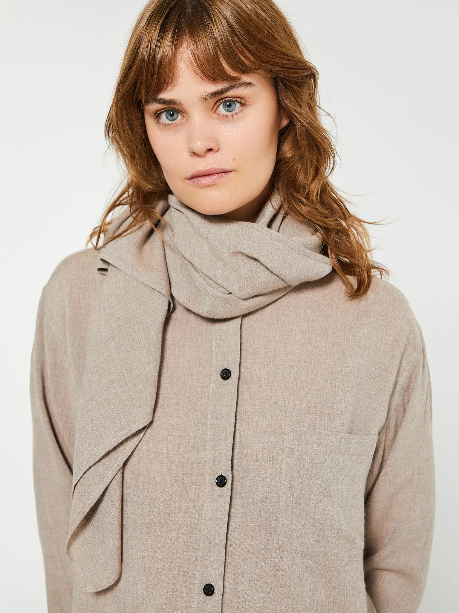 Scarf-Collar Fluid Shirt in Light Brown Mélange