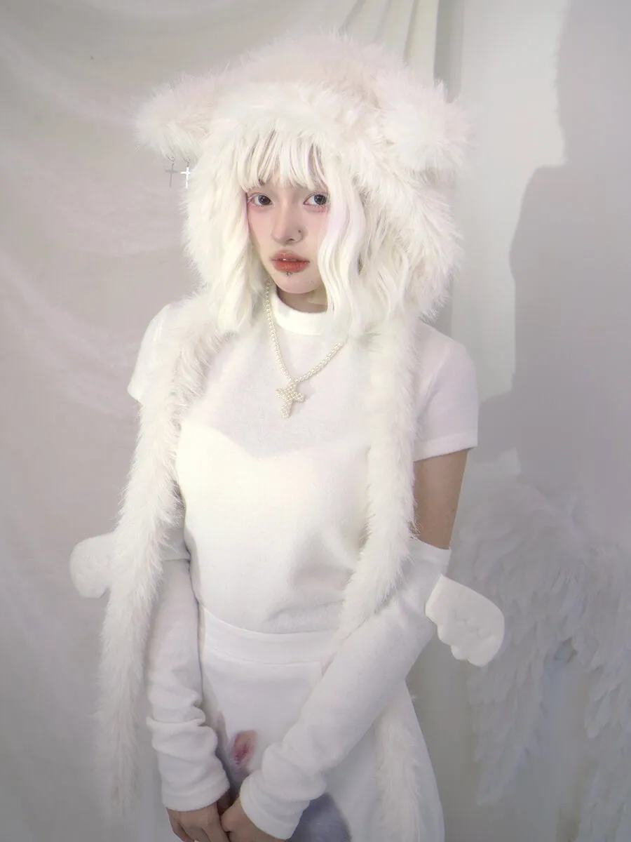 Sheep Ears Cross White Fuzzy Hat