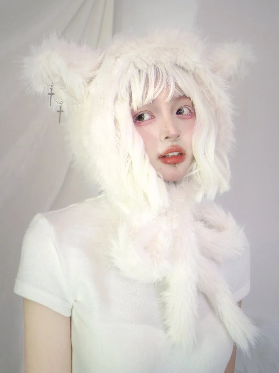 Sheep Ears Cross White Fuzzy Hat