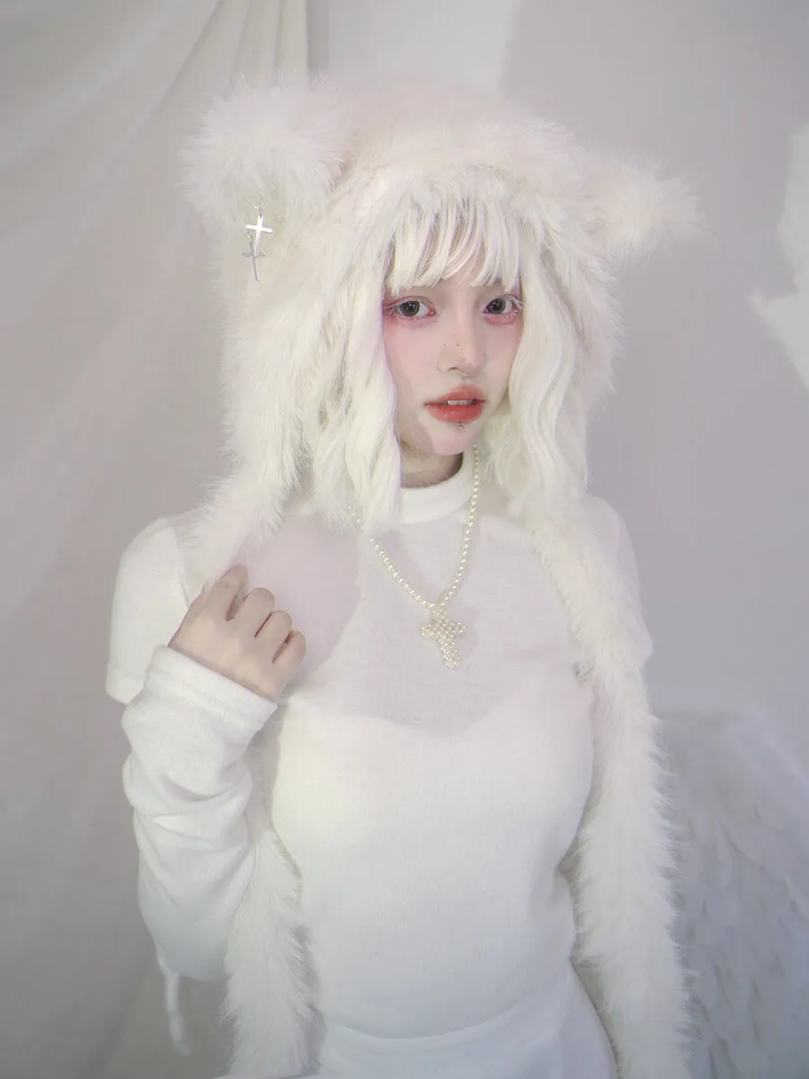 Sheep Ears Cross White Fuzzy Hat