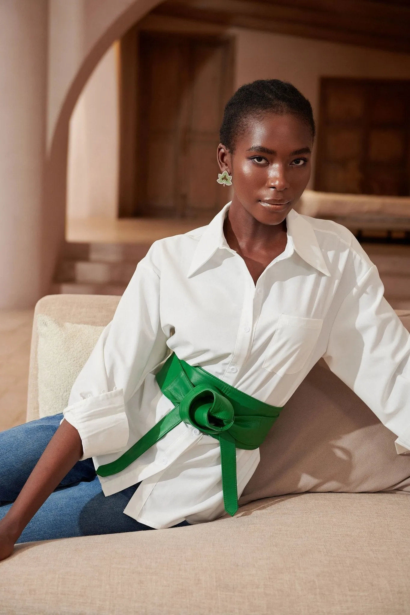 Sheepskin Leather Obi Wrap Belt  - Green