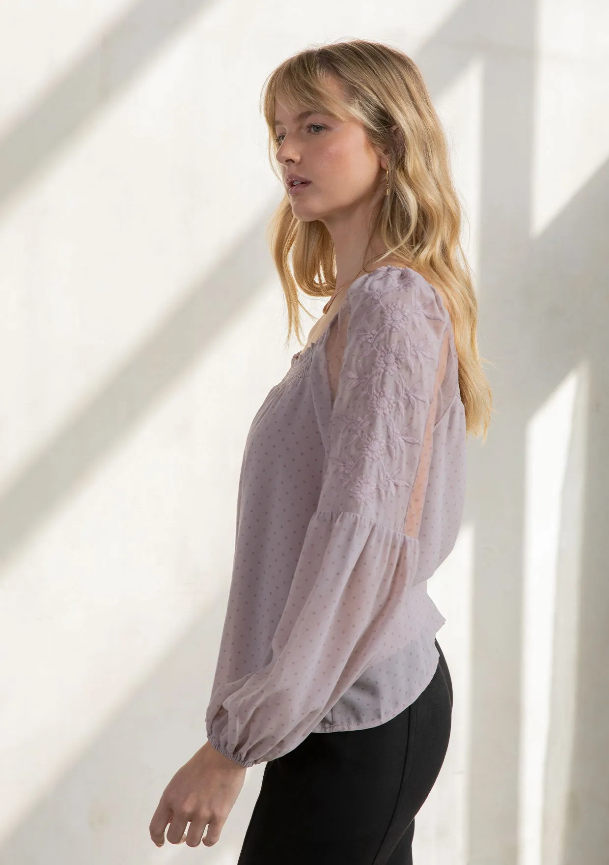 Sheer Chiffon Polka Dot Square Neck Flowy Blouse