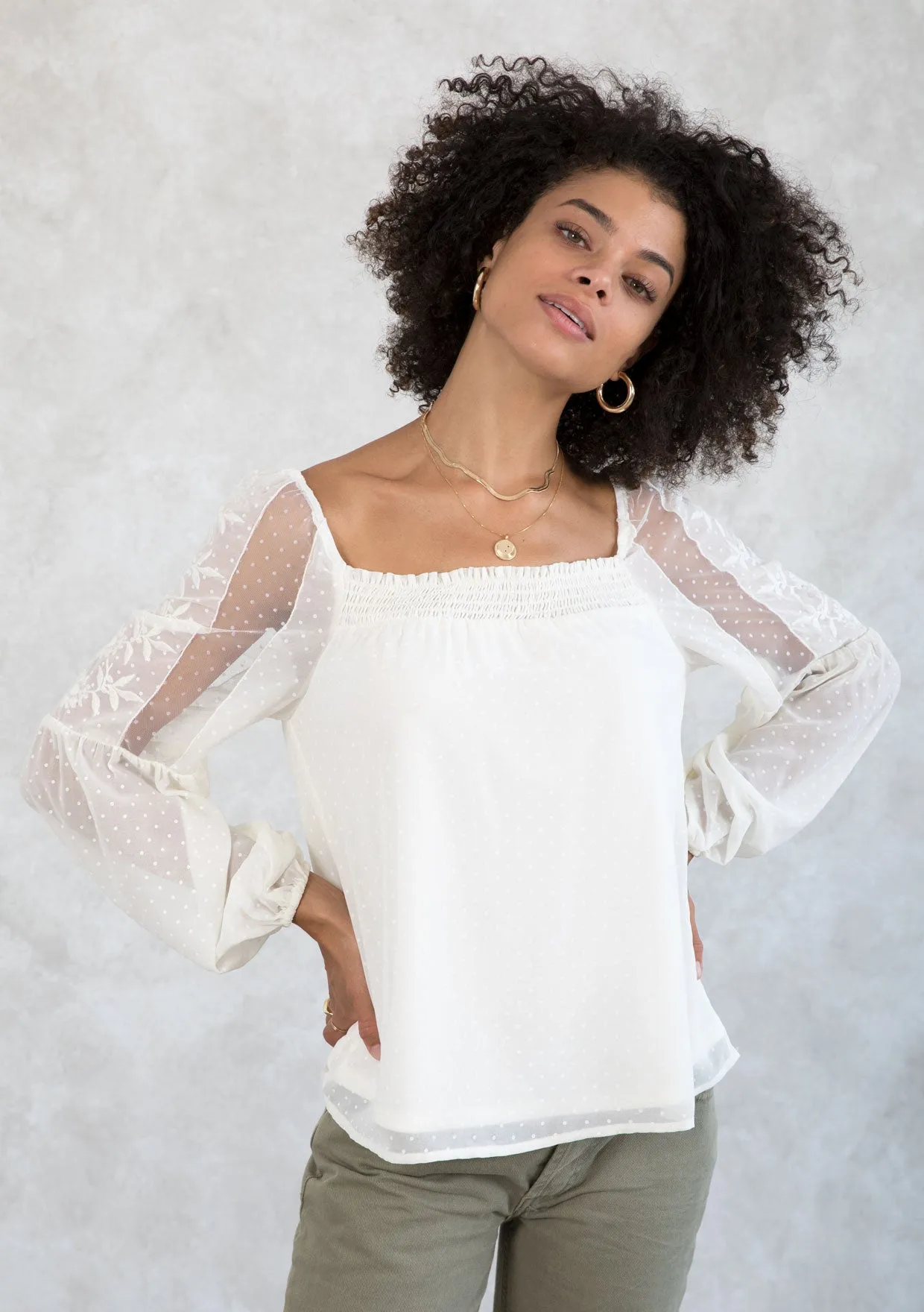 Sheer Chiffon Polka Dot Square Neck Flowy Blouse
