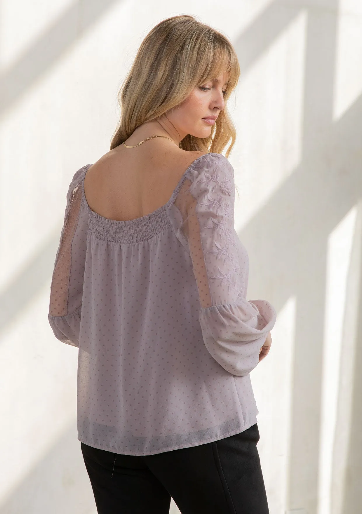 Sheer Chiffon Polka Dot Square Neck Flowy Blouse