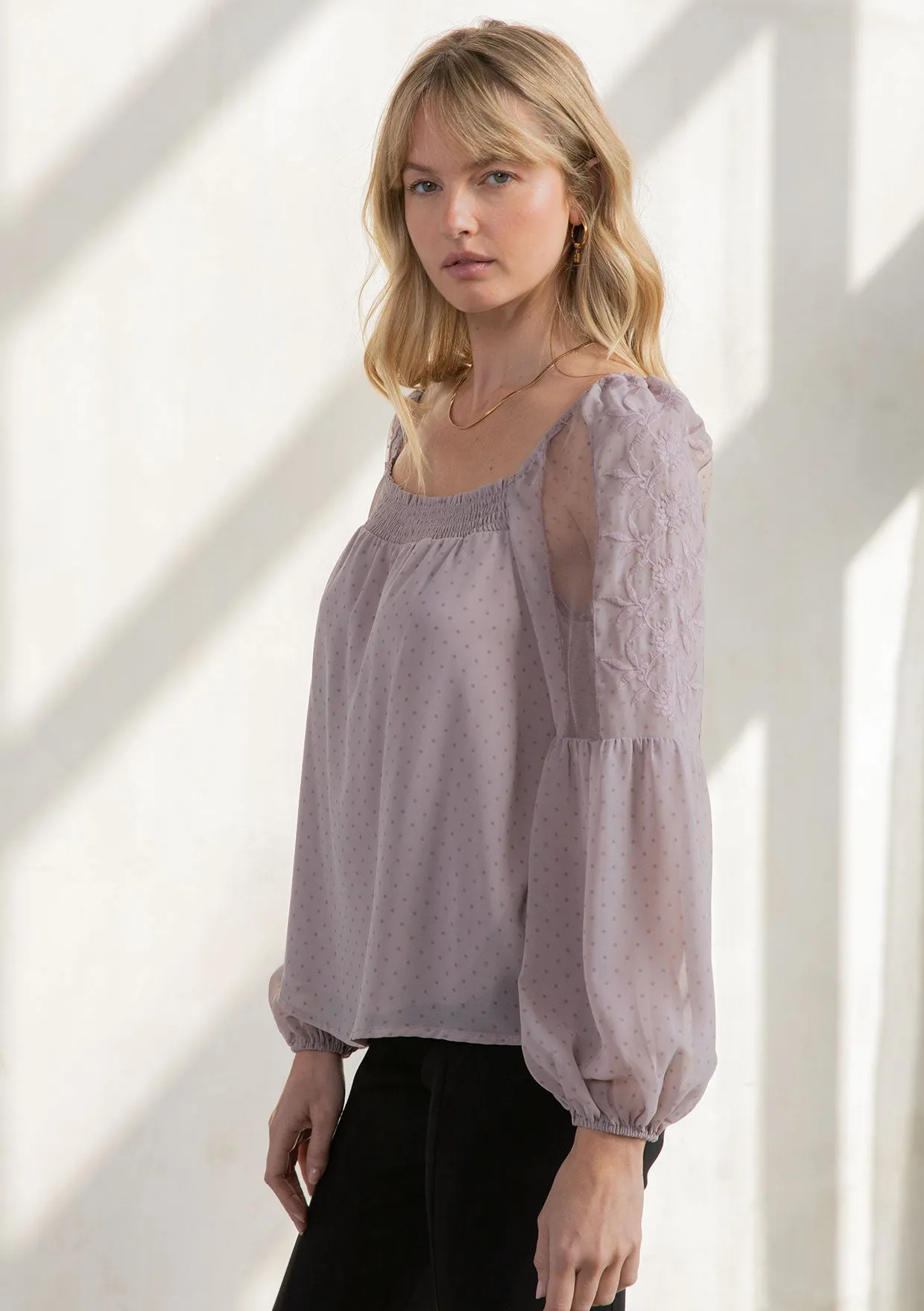 Sheer Chiffon Polka Dot Square Neck Flowy Blouse