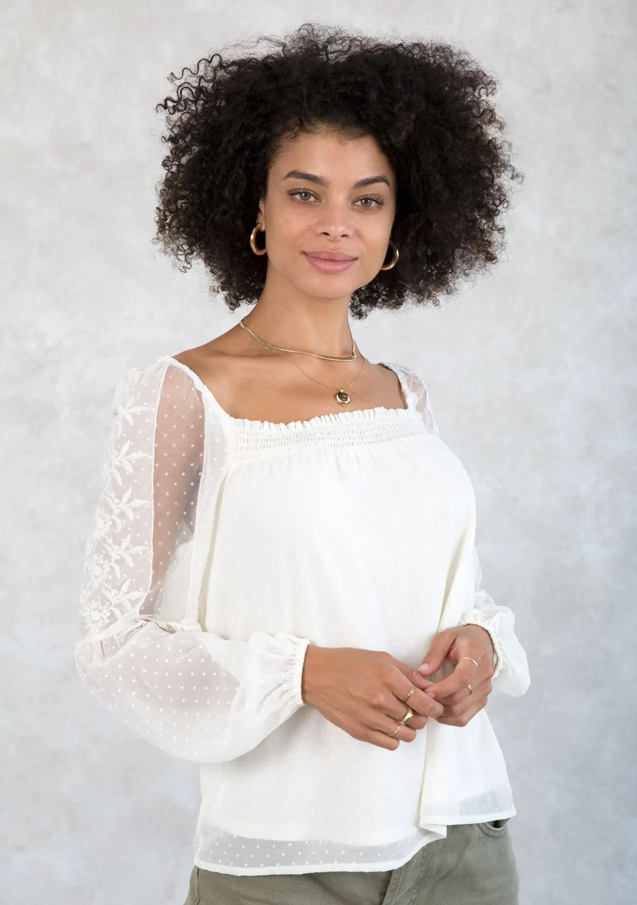 Sheer Chiffon Polka Dot Square Neck Flowy Blouse