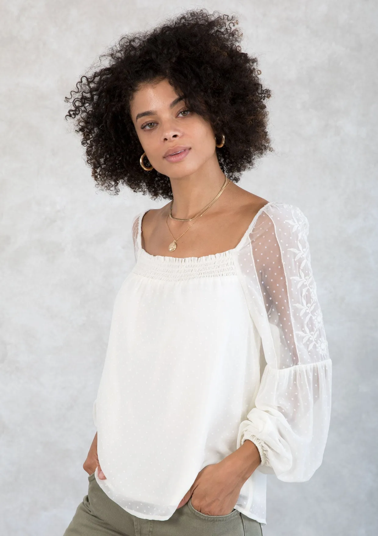 Sheer Chiffon Polka Dot Square Neck Flowy Blouse