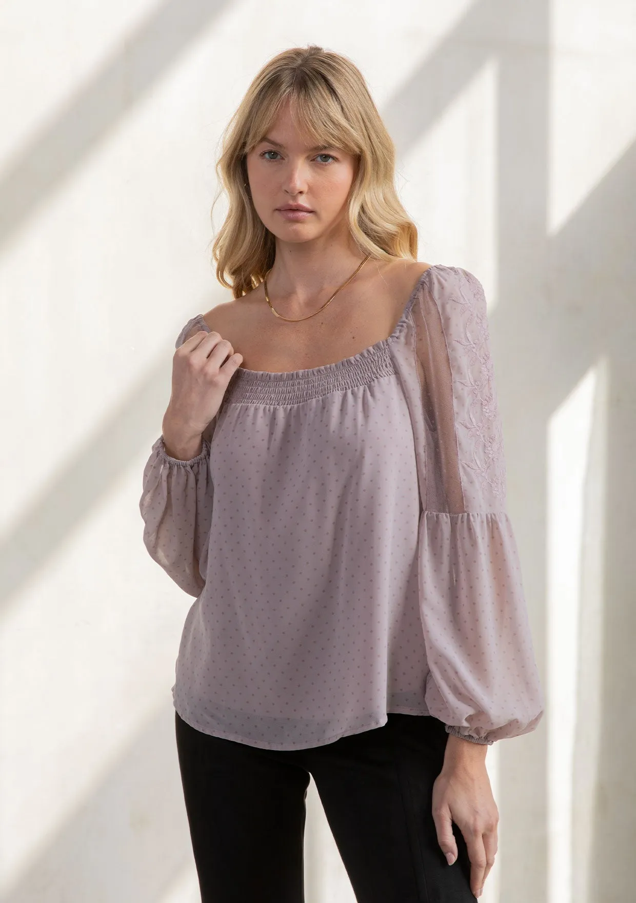 Sheer Chiffon Polka Dot Square Neck Flowy Blouse