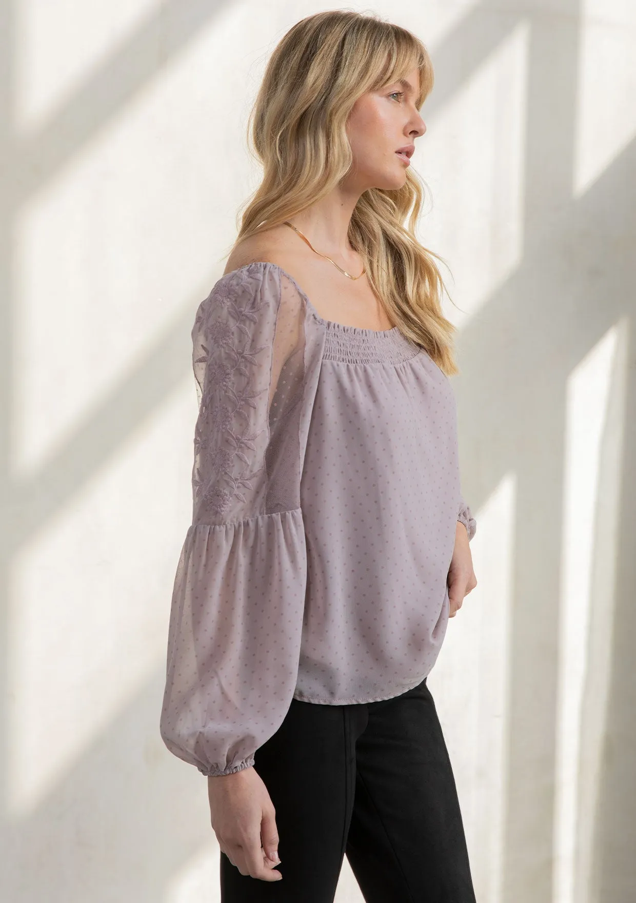 Sheer Chiffon Polka Dot Square Neck Flowy Blouse