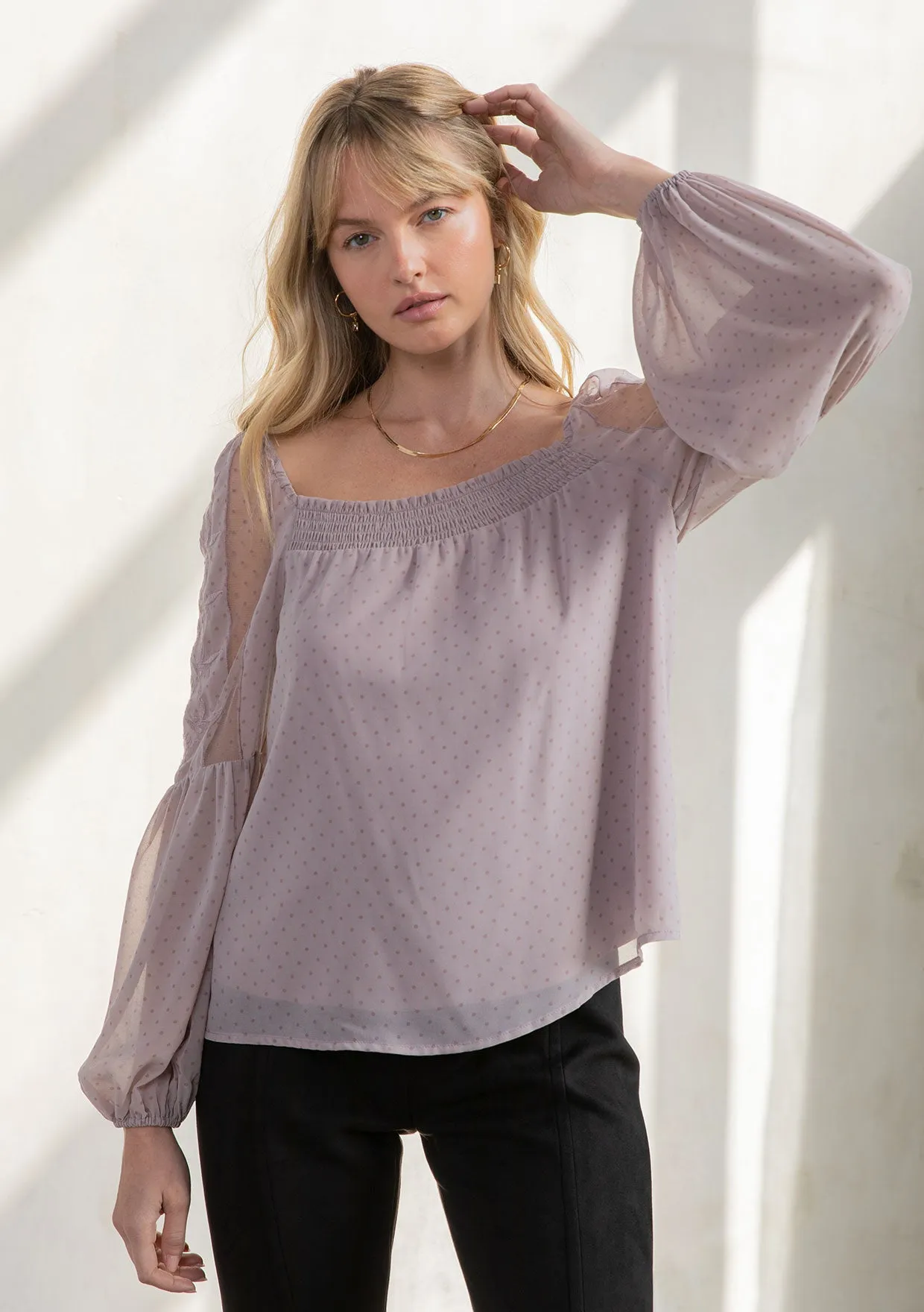 Sheer Chiffon Polka Dot Square Neck Flowy Blouse