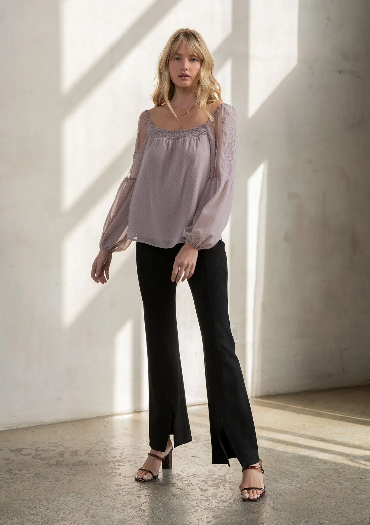 Sheer Chiffon Polka Dot Square Neck Flowy Blouse