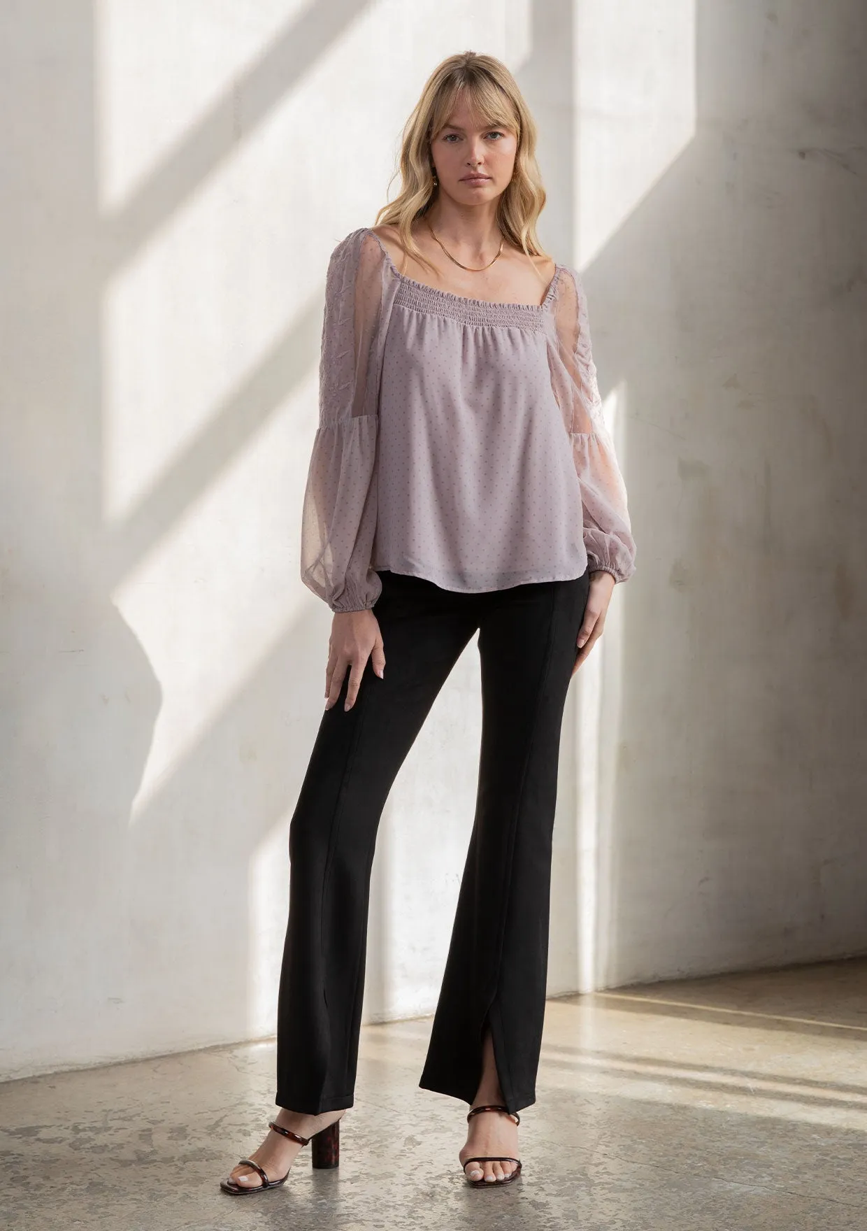 Sheer Chiffon Polka Dot Square Neck Flowy Blouse