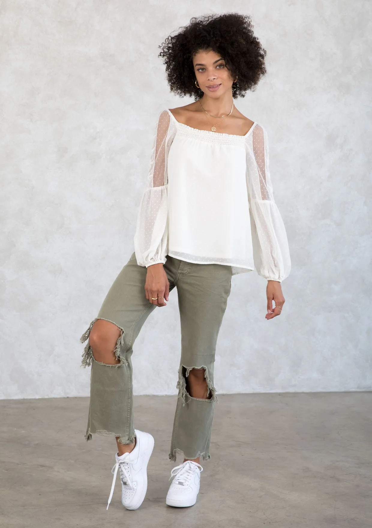 Sheer Chiffon Polka Dot Square Neck Flowy Blouse
