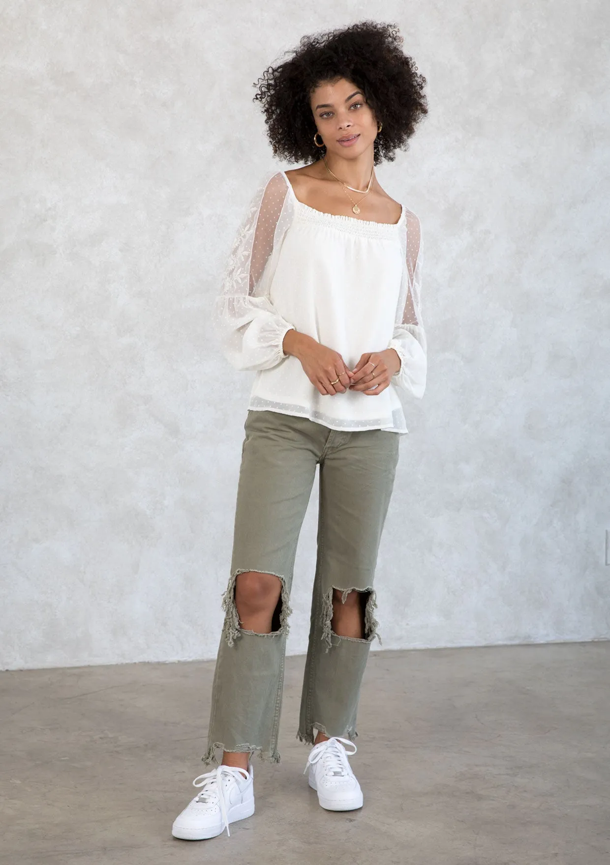 Sheer Chiffon Polka Dot Square Neck Flowy Blouse