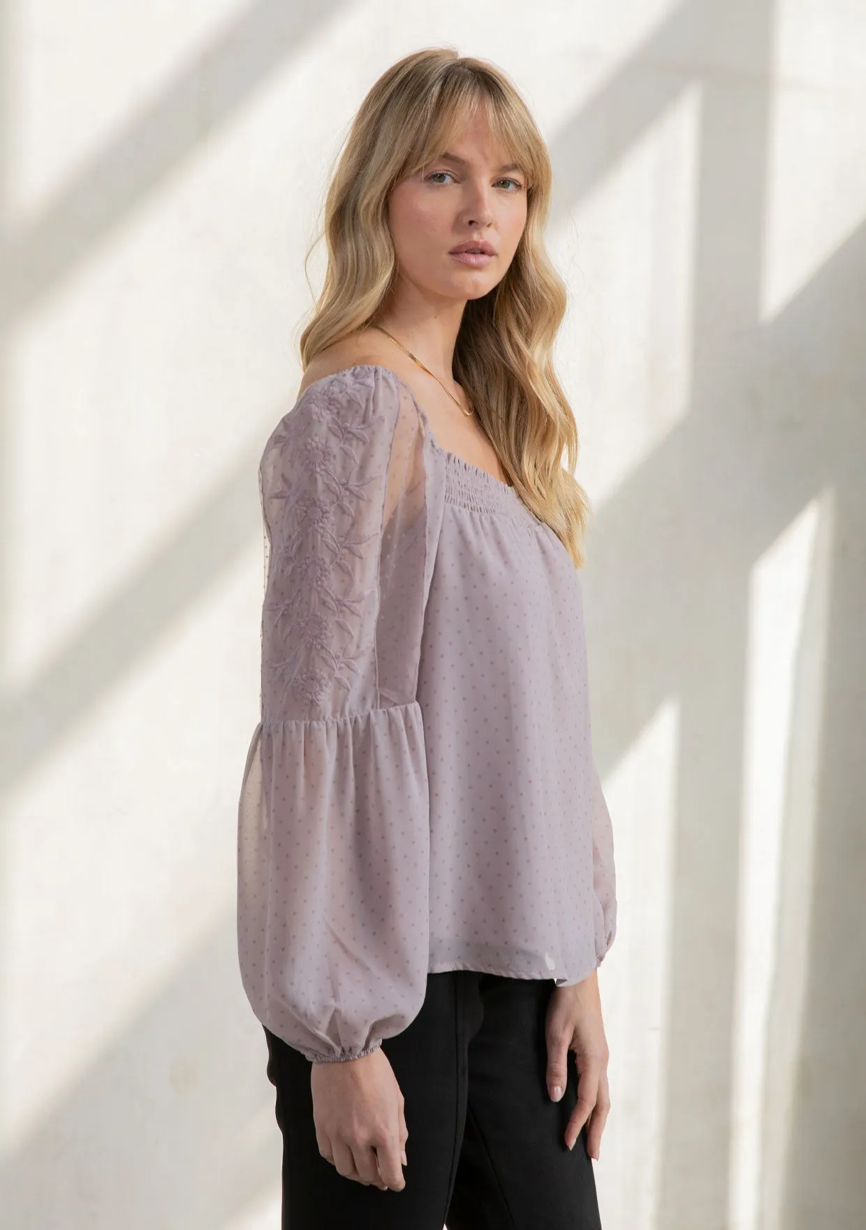 Sheer Chiffon Polka Dot Square Neck Flowy Blouse