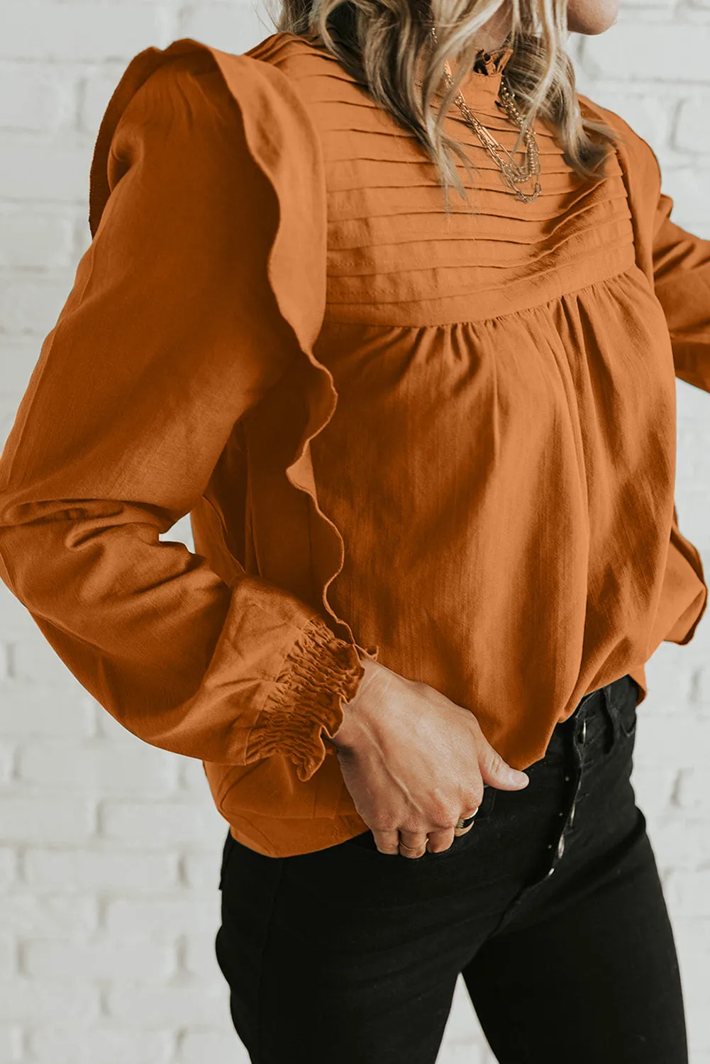 TEEK - Ochre Ruffled Mock Neck Long Sleeve Blouse