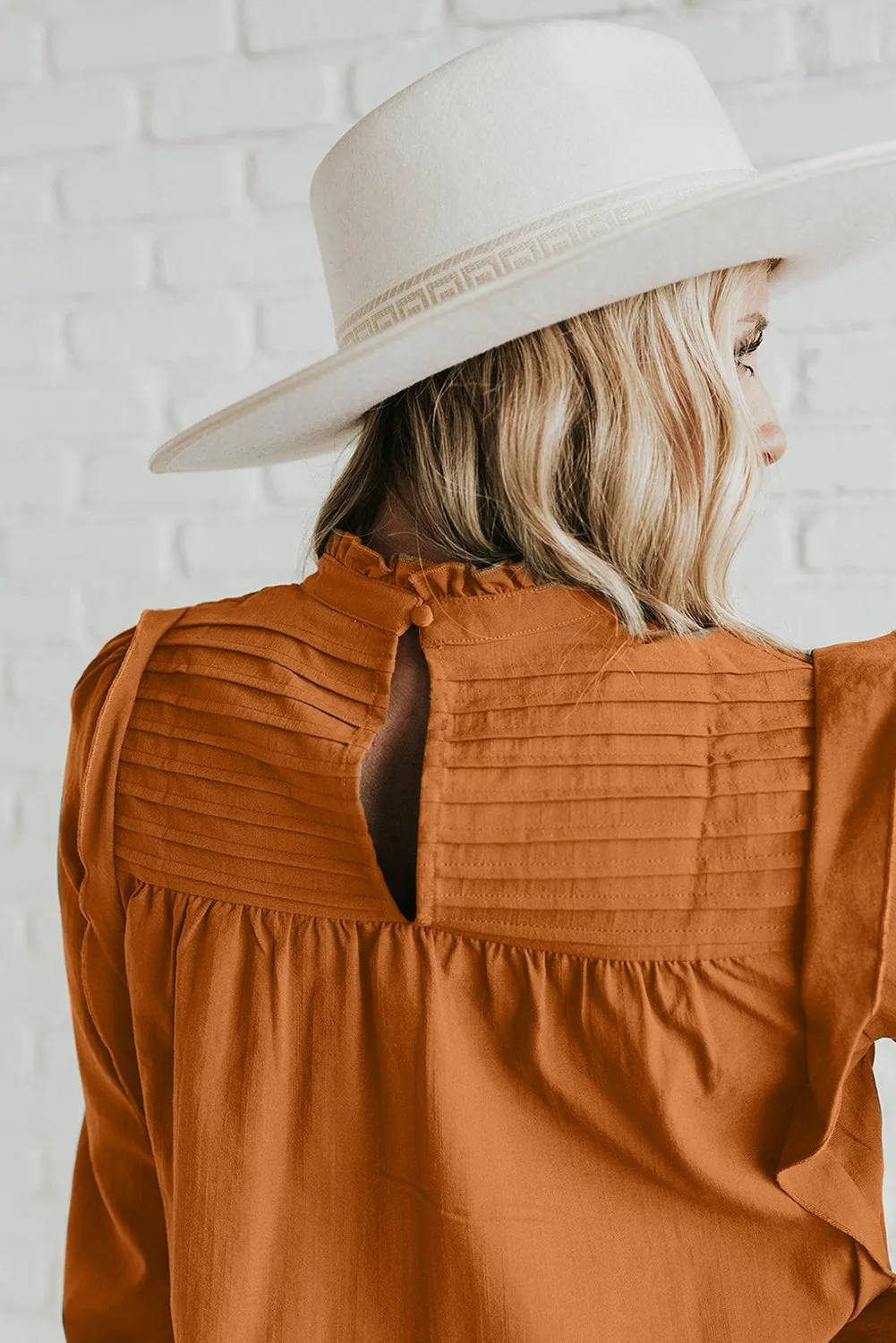 TEEK - Ochre Ruffled Mock Neck Long Sleeve Blouse