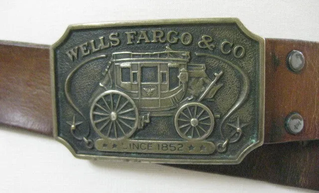 Vintage 70s leather belt Well Fargo Buckle 1973 FF581