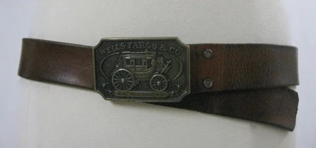 Vintage 70s leather belt Well Fargo Buckle 1973 FF581