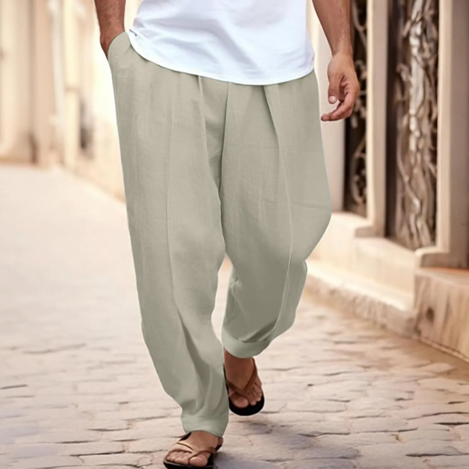 White Linen Pants Men Big and Tall Casual Elastic Waist Baggy Trousers Loose Leisure Vintage Yoga Pants with Pockets