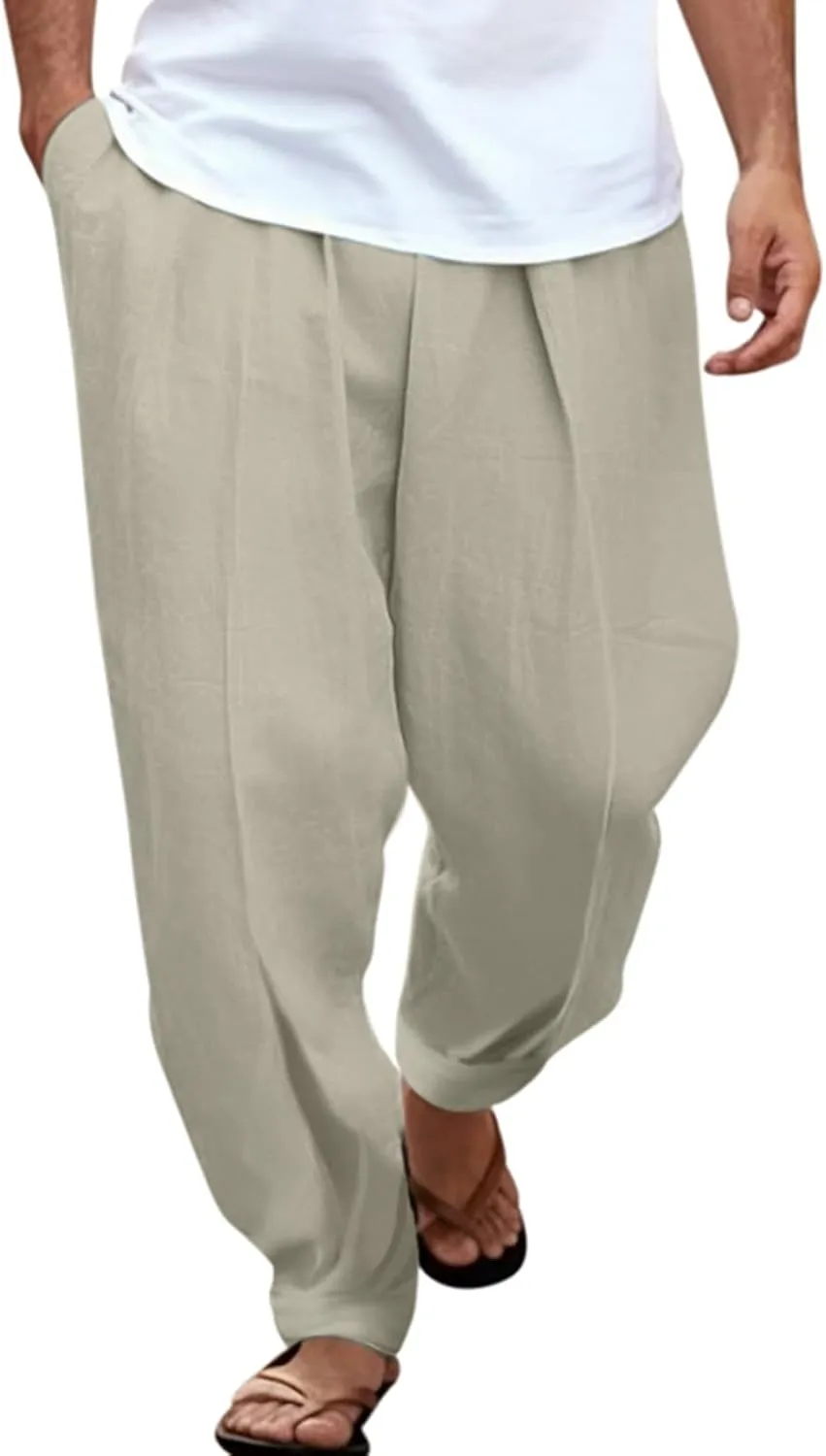 White Linen Pants Men Big and Tall Casual Elastic Waist Baggy Trousers Loose Leisure Vintage Yoga Pants with Pockets