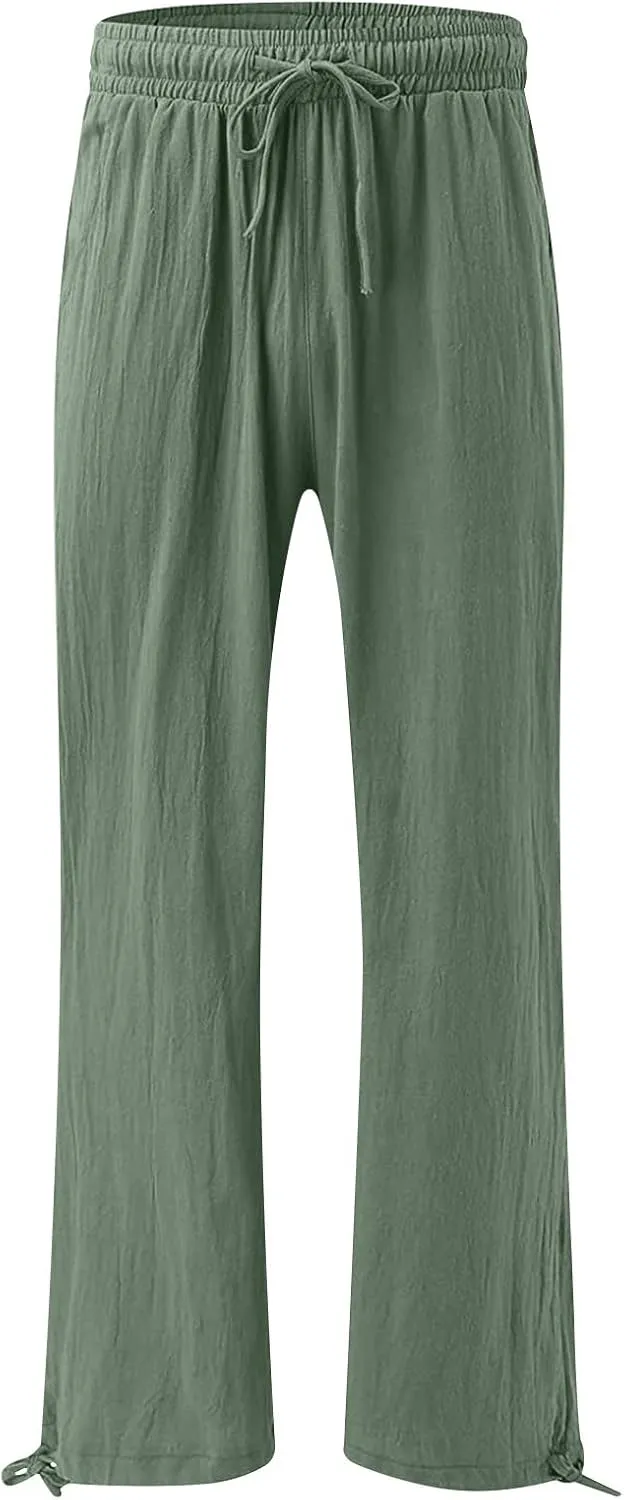 Wide Leg Pants for Women Comfy Linen Pants Light Weight Fit Summer Loose High Waist Palazzo Trousers with Pockets
