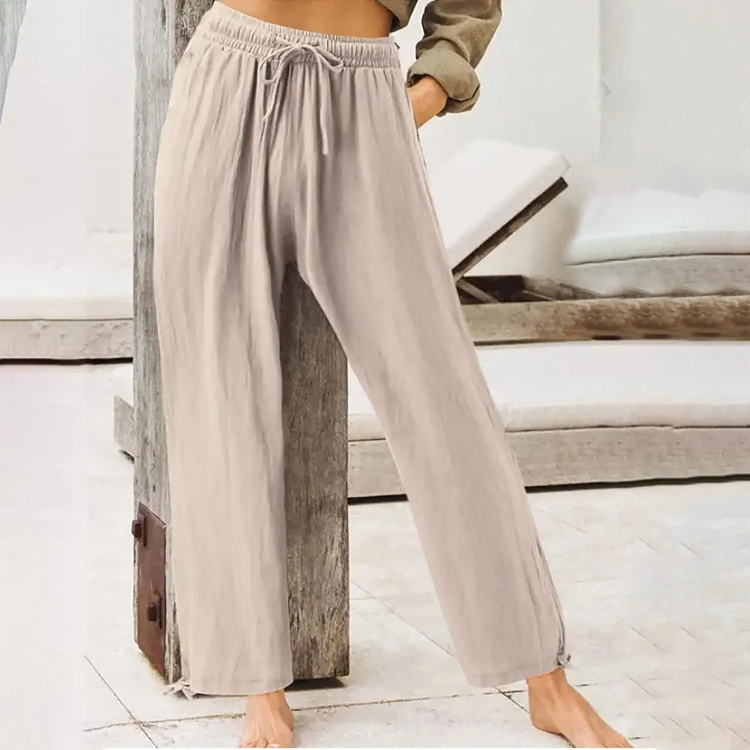 Wide Leg Pants for Women Comfy Linen Pants Light Weight Fit Summer Loose High Waist Palazzo Trousers with Pockets