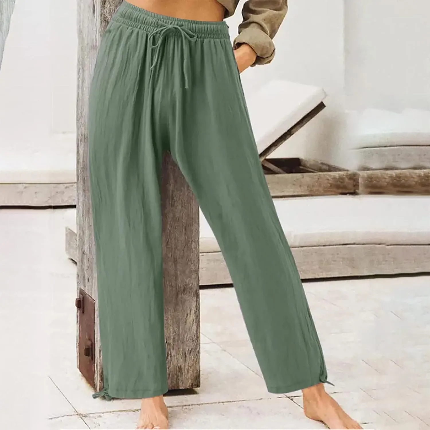 Wide Leg Pants for Women Comfy Linen Pants Light Weight Fit Summer Loose High Waist Palazzo Trousers with Pockets