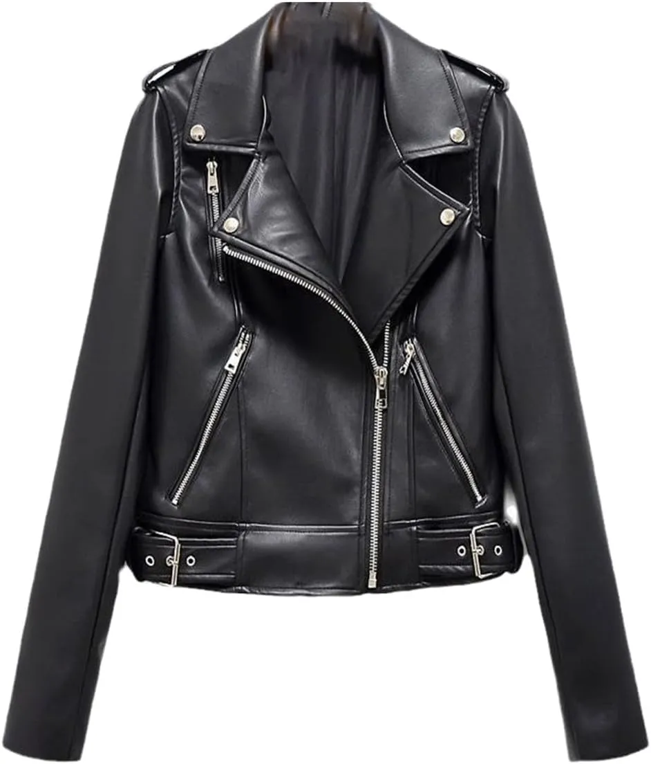 Women Faux Leather Pu Jacket Streetwear Belt Zipper Retro Moto Biker Jacket Coat Chic Outwear