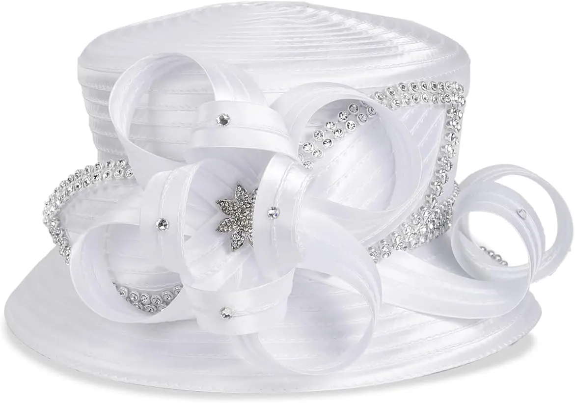 Women Satin Dress Church Derby Hats w/Rhinestones - Elegant Headwear for Special Occasions